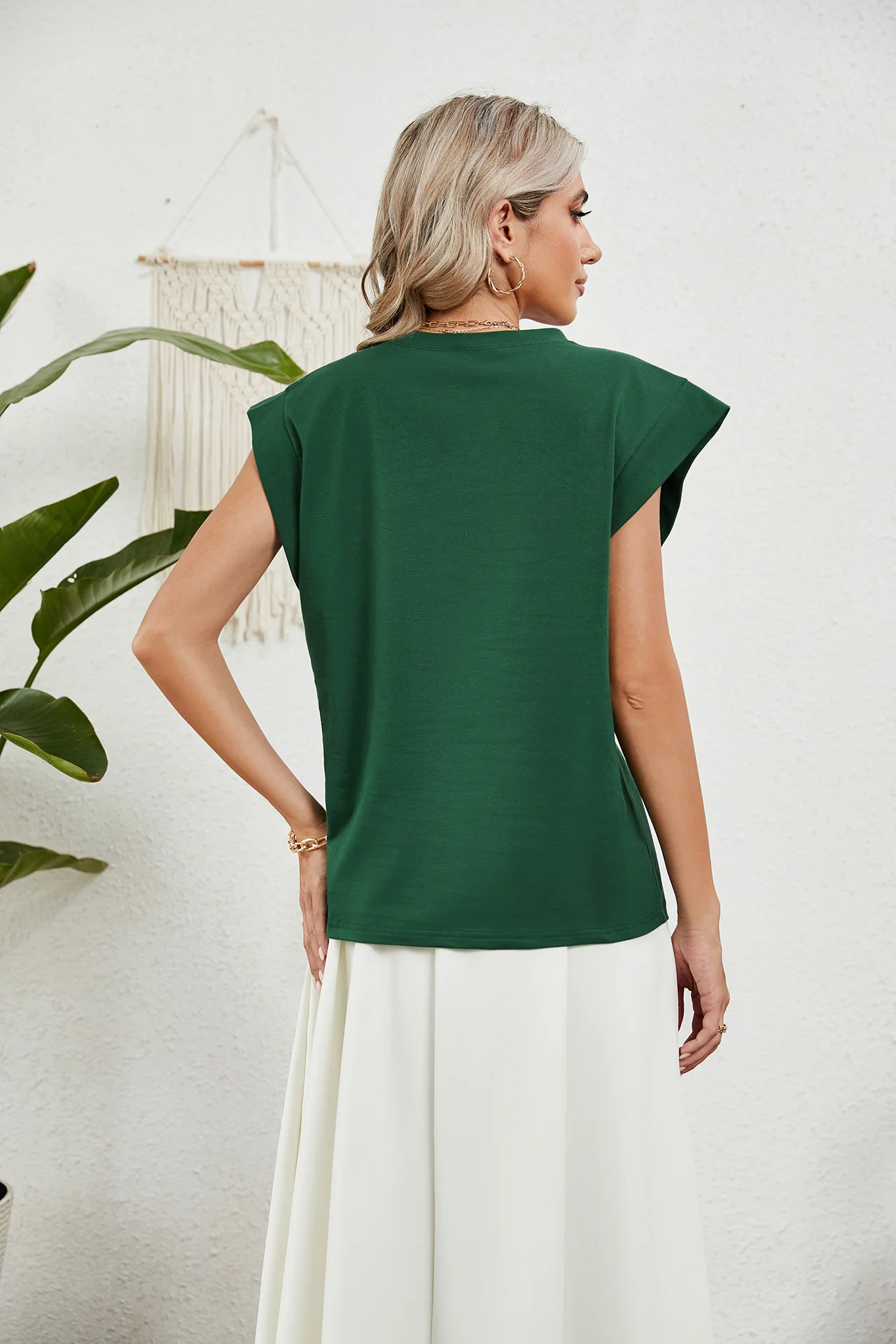 Dark Green Short Sleeves Round Neck Top - Image 4