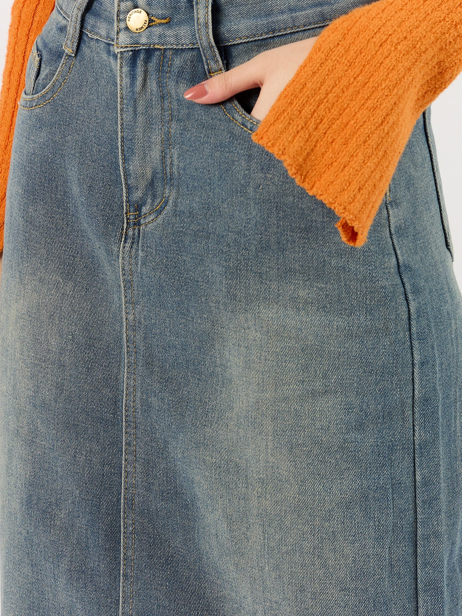 Blue Washed Denim Slit Skirt - Image 4