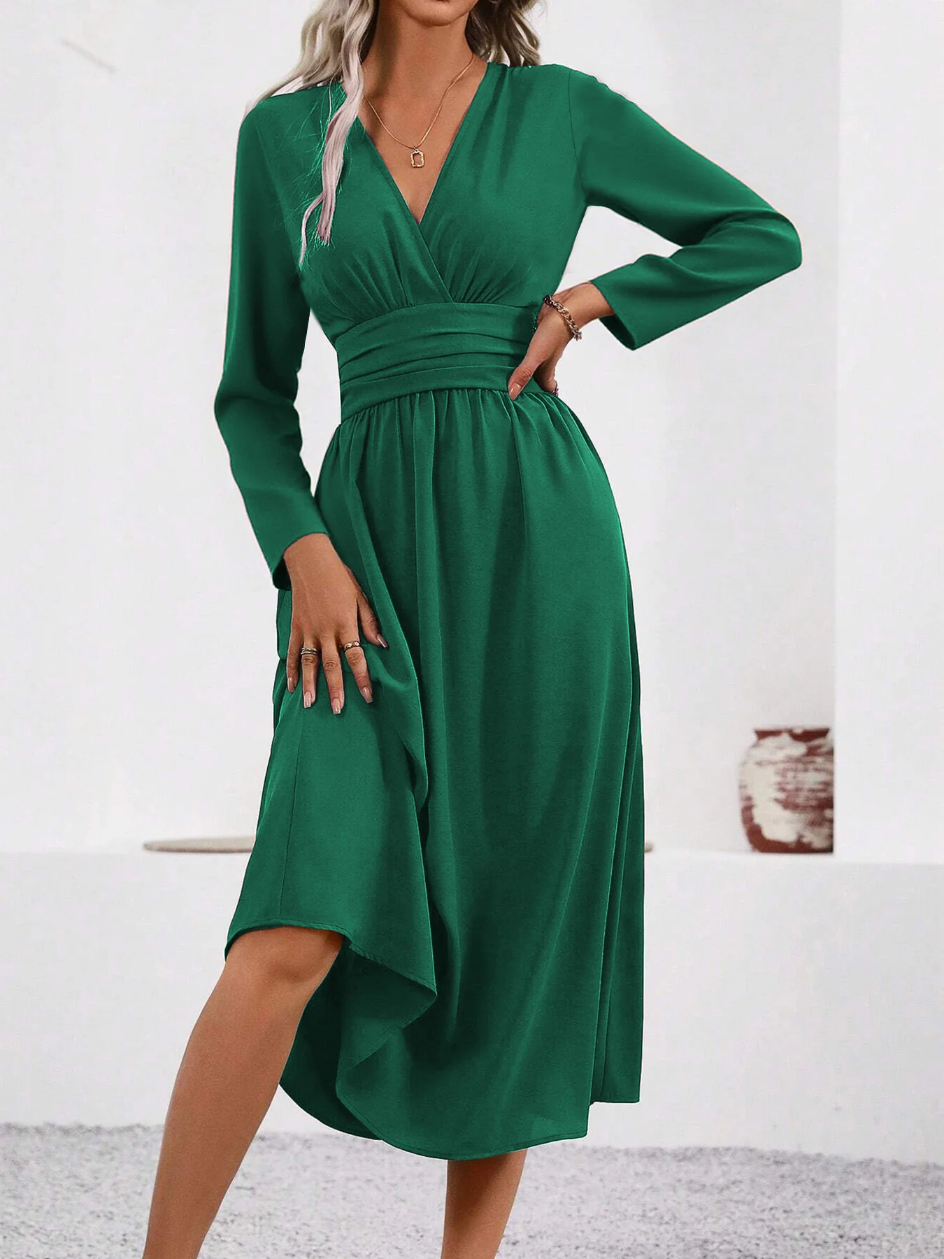 Forest Green Full Sleeve V Neck Flared Dress - Image 2