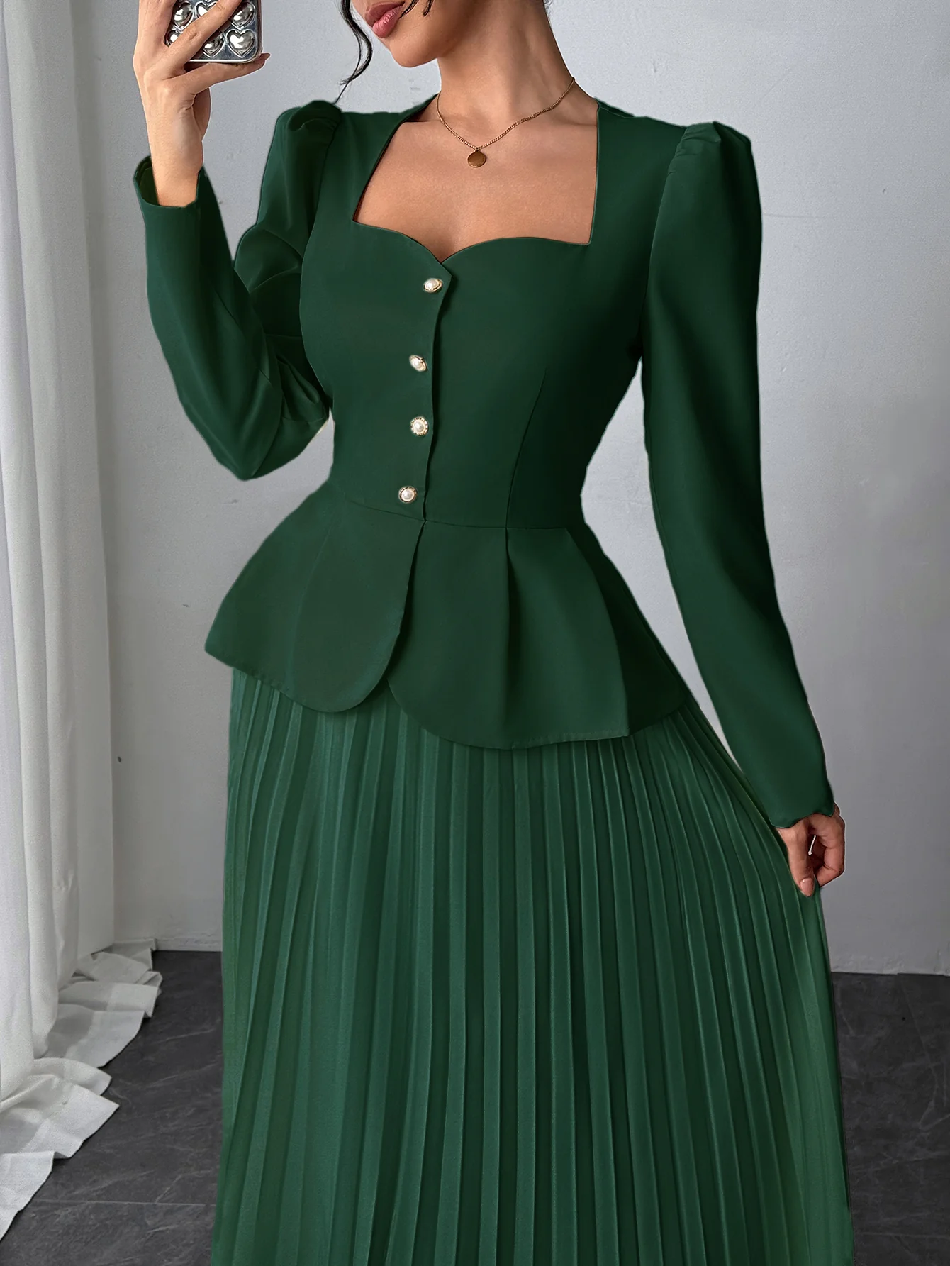 Forest Green Pleated Blazer Dress - Image 3