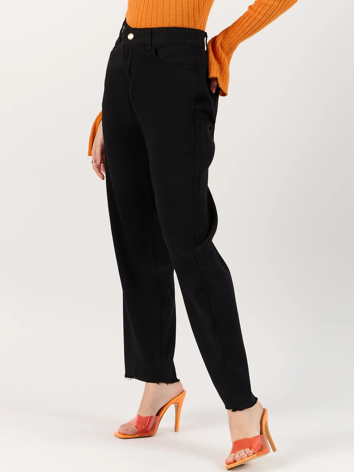 Black Freyed Hem Straight Denim Jeans - Image 4