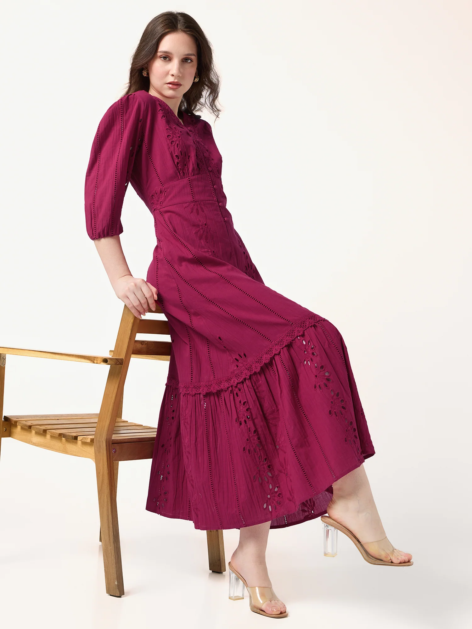 Fuchsia Pink V Neck Schiffli Dress - Image 4