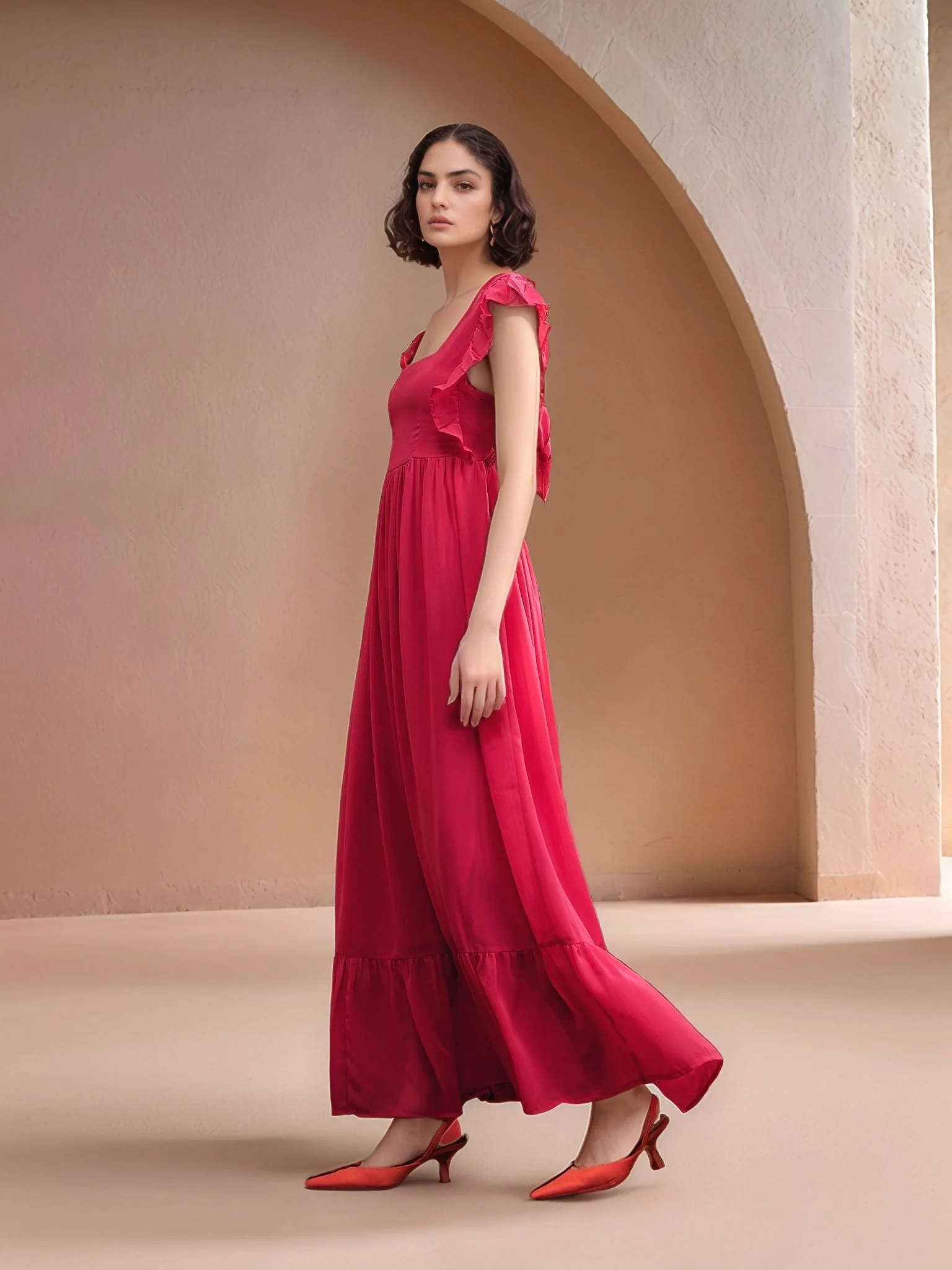 Fuchsia Ruffle Sleeve Back Tie-Up Printed Dress - Image 2