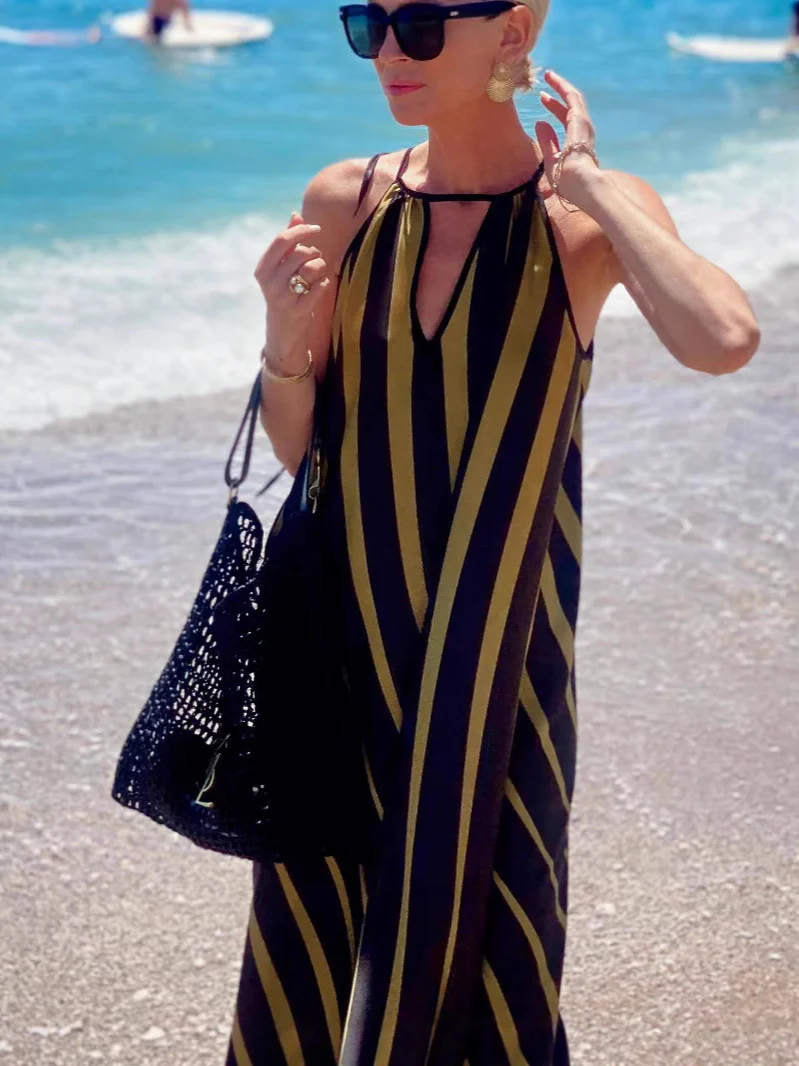 Gold Halter Neck Striped Dress - Image 2