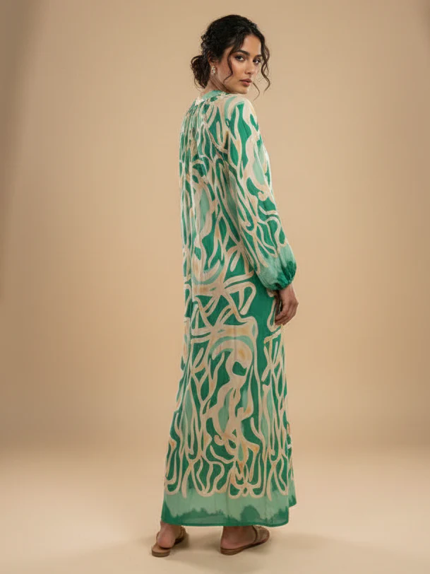 Green Abstract Print Full Sleeve Dress - Image 3