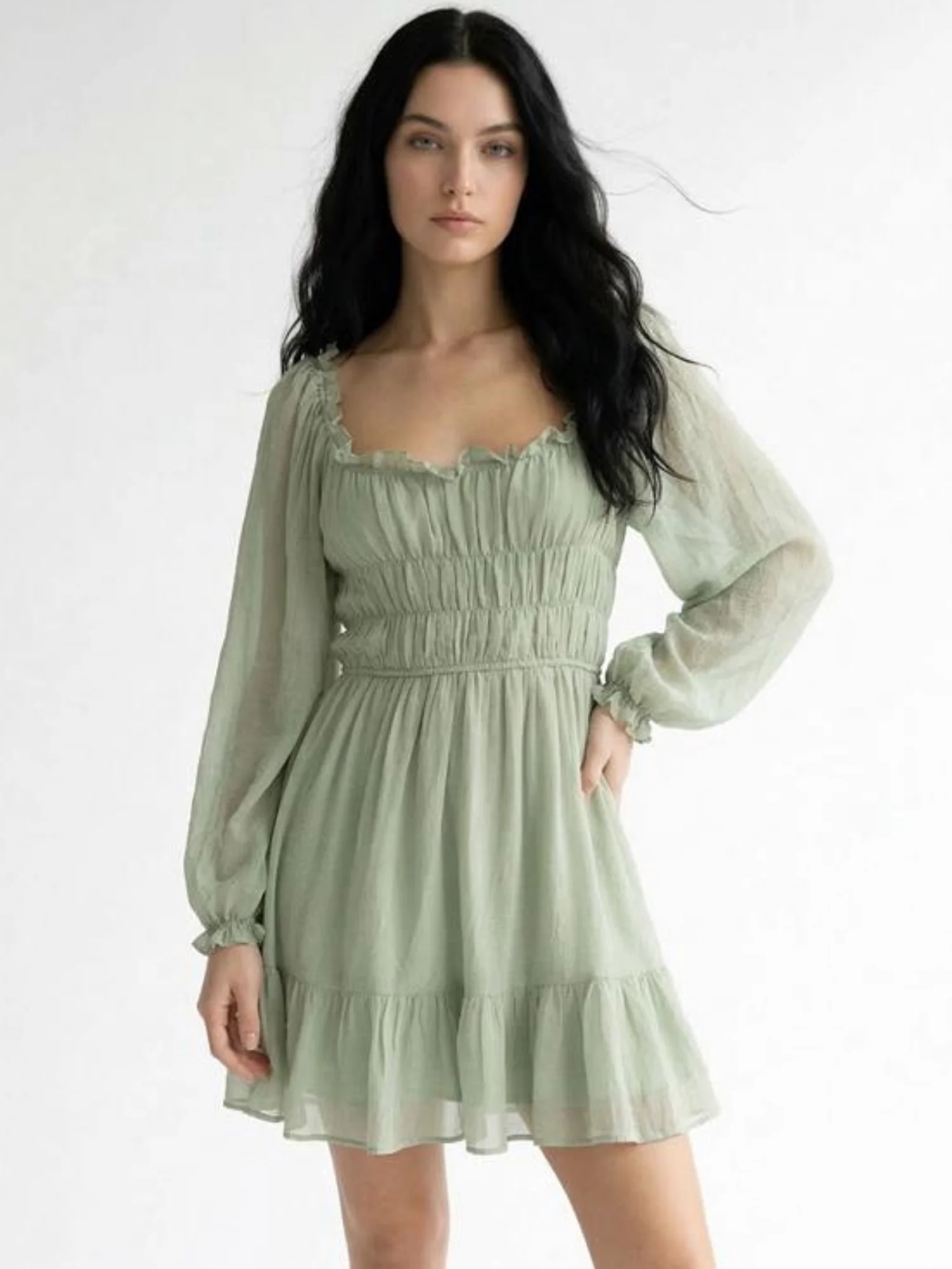 Green Bishop Sleeve Ruffle Hem Dress - Image 2