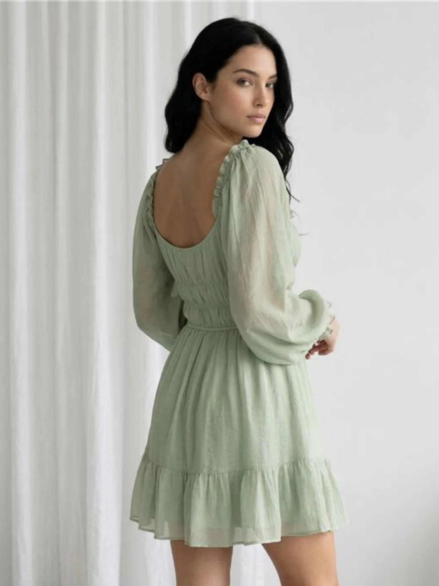 Green Bishop Sleeve Ruffle Hem Dress - Image 4