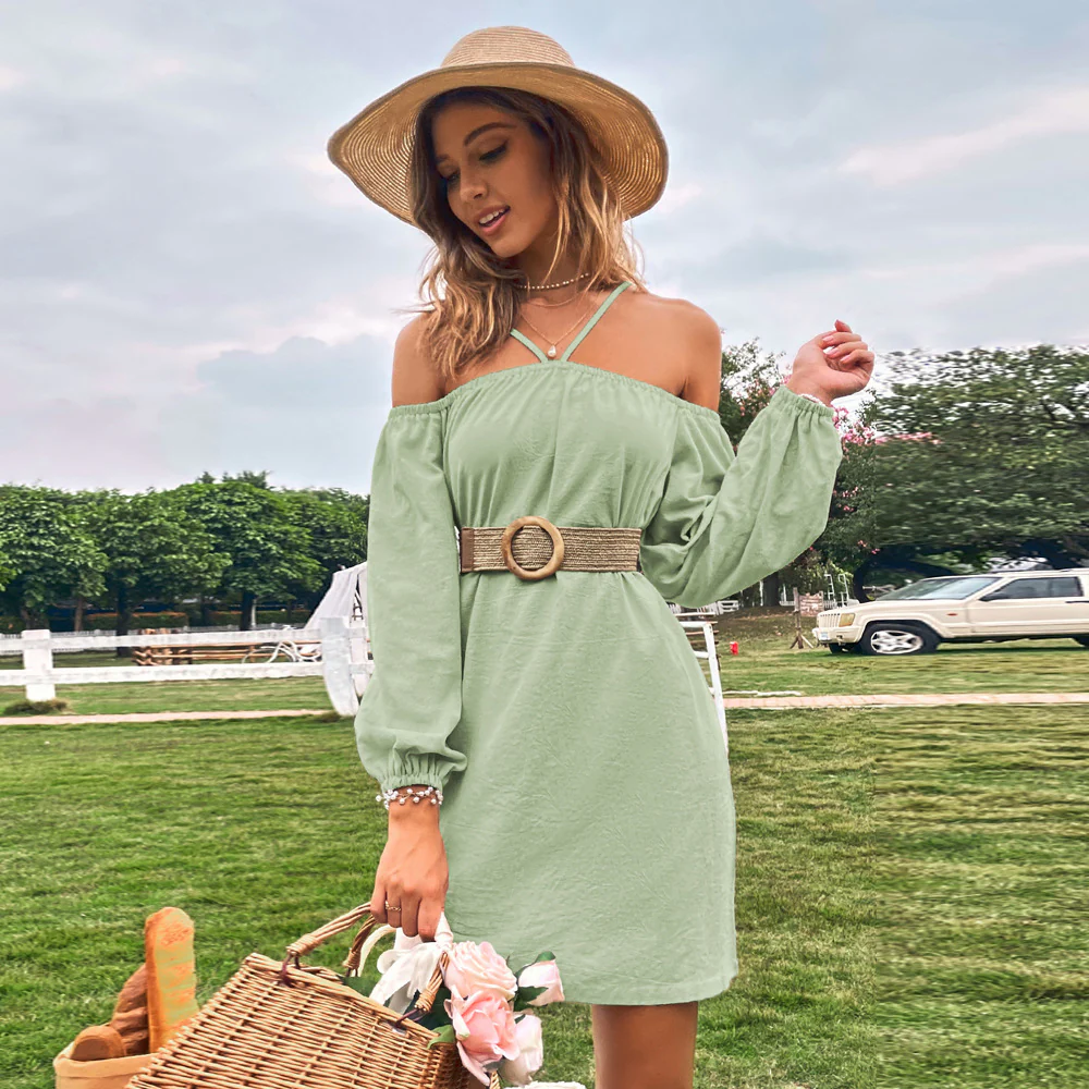 Green Cold Shoulder Bishop Sleeve Dress - Image 4
