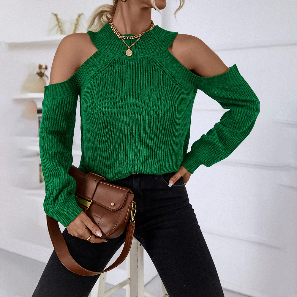 Green Cold Shoulder Turtle Neck Top - Image 4