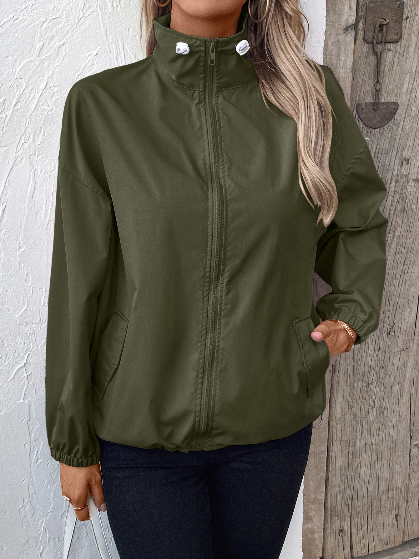 Green Collar Drawstring Waterproof Jacket - Image 3