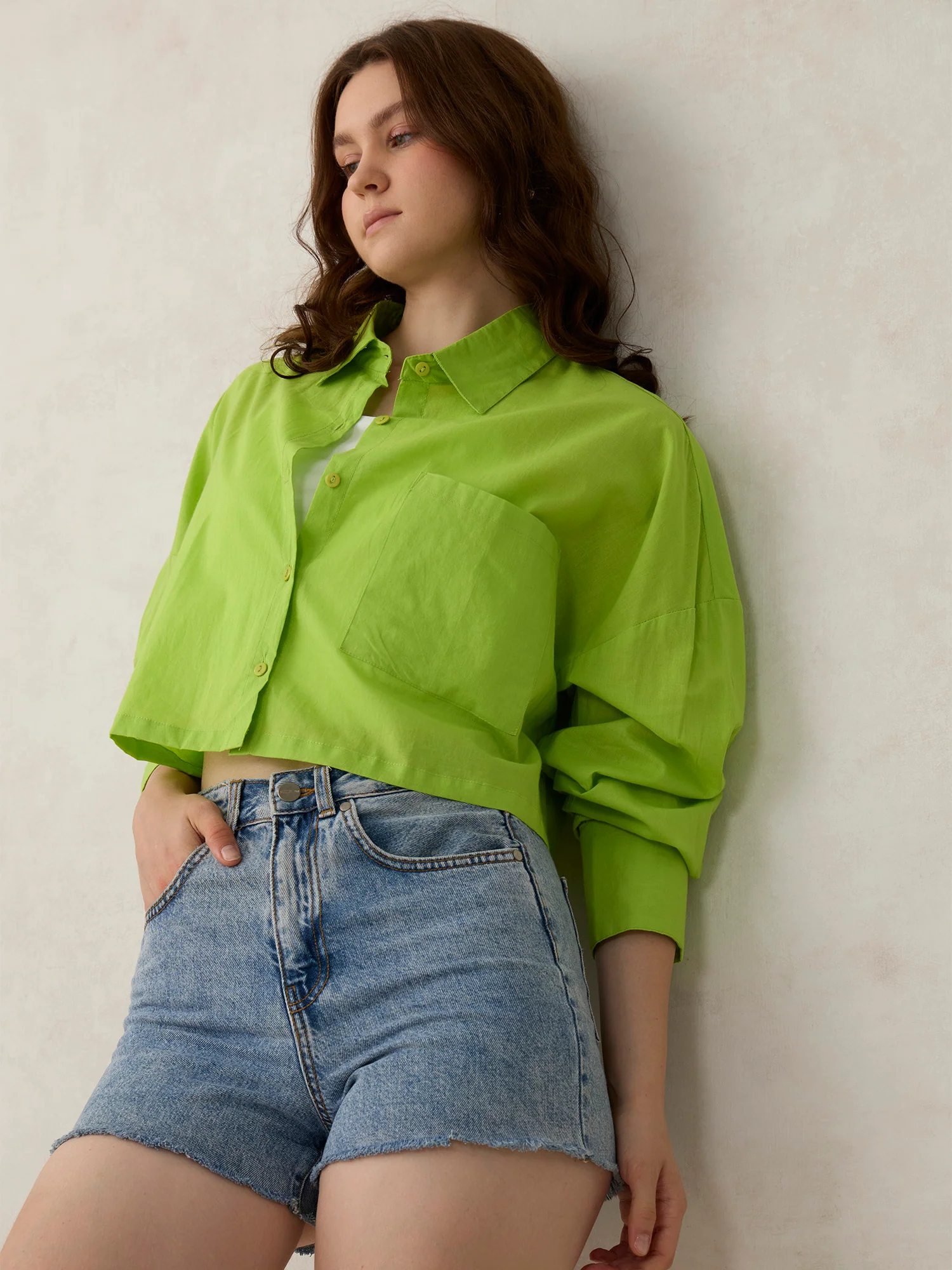 Green Cropped Solid Shirt - Image 6
