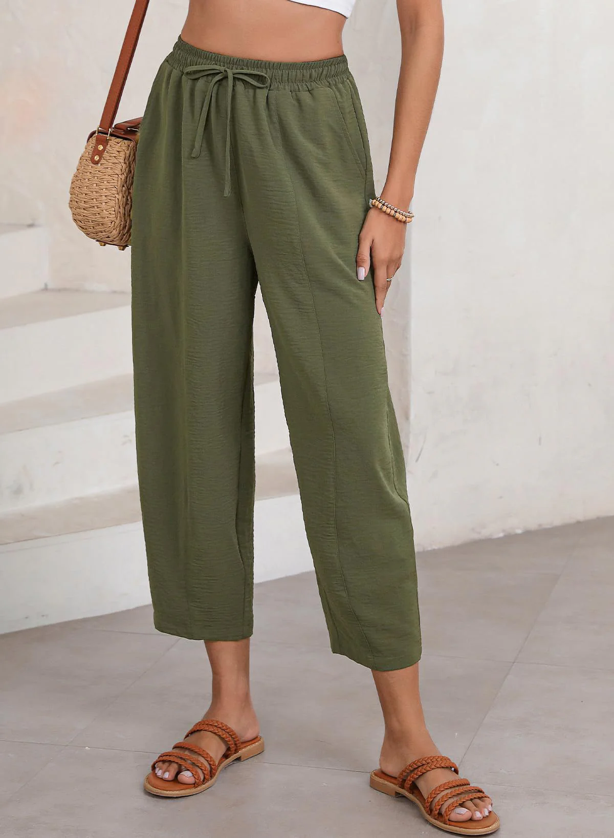 Green Elasticated Waist Band Wide Leg Trouser - Image 2
