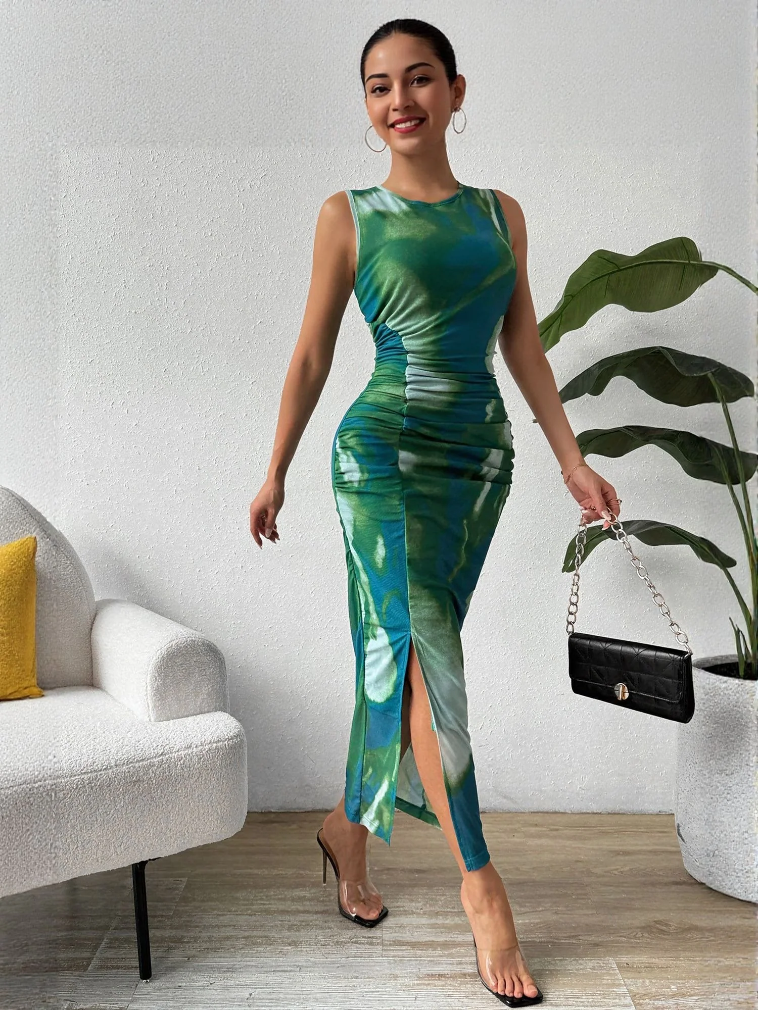 Green Fitted Midi Dress With Side Ruching Detail - Image 2