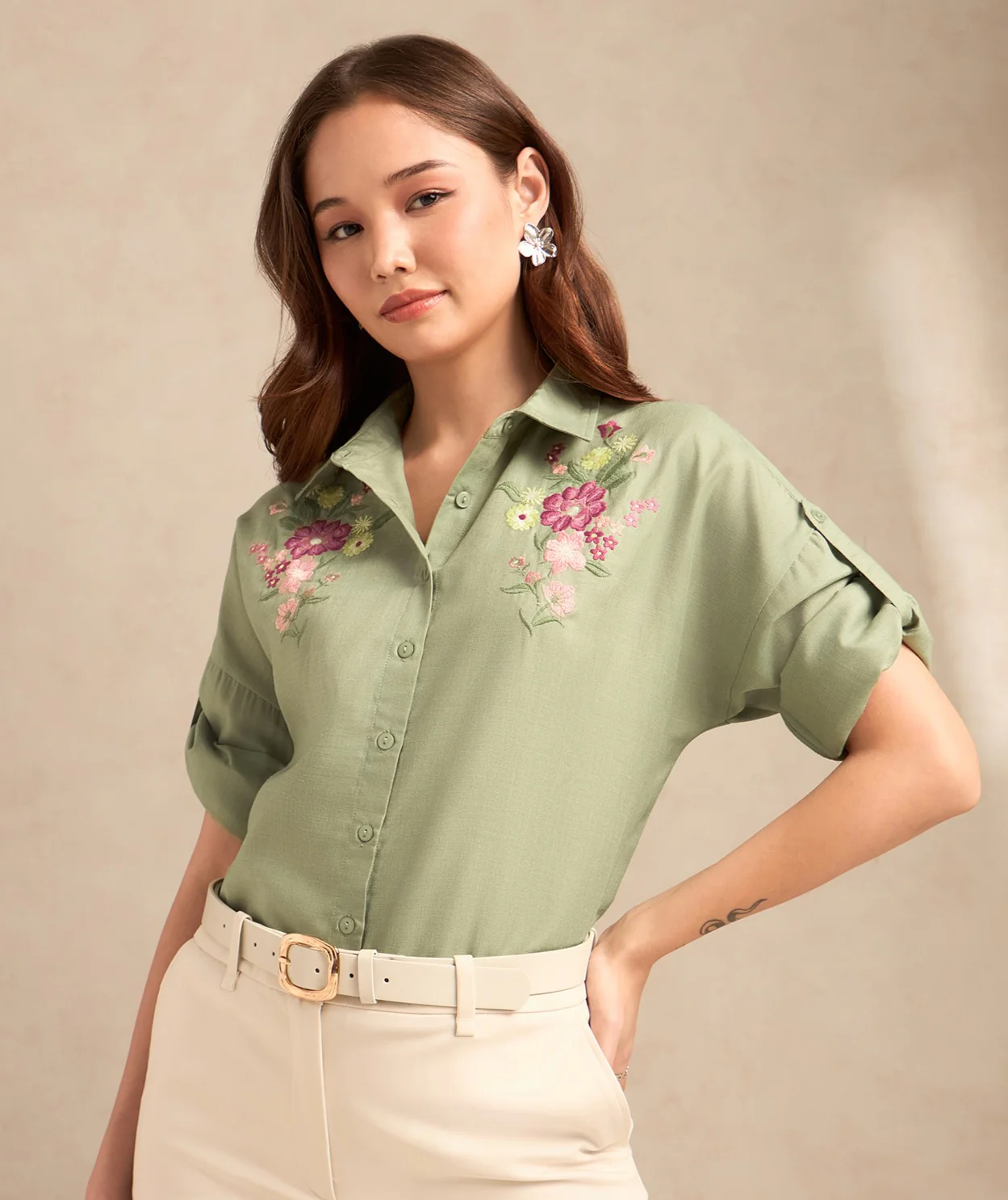 Green Floral Embroidered Shirt With Drop Shoulder - Image 5