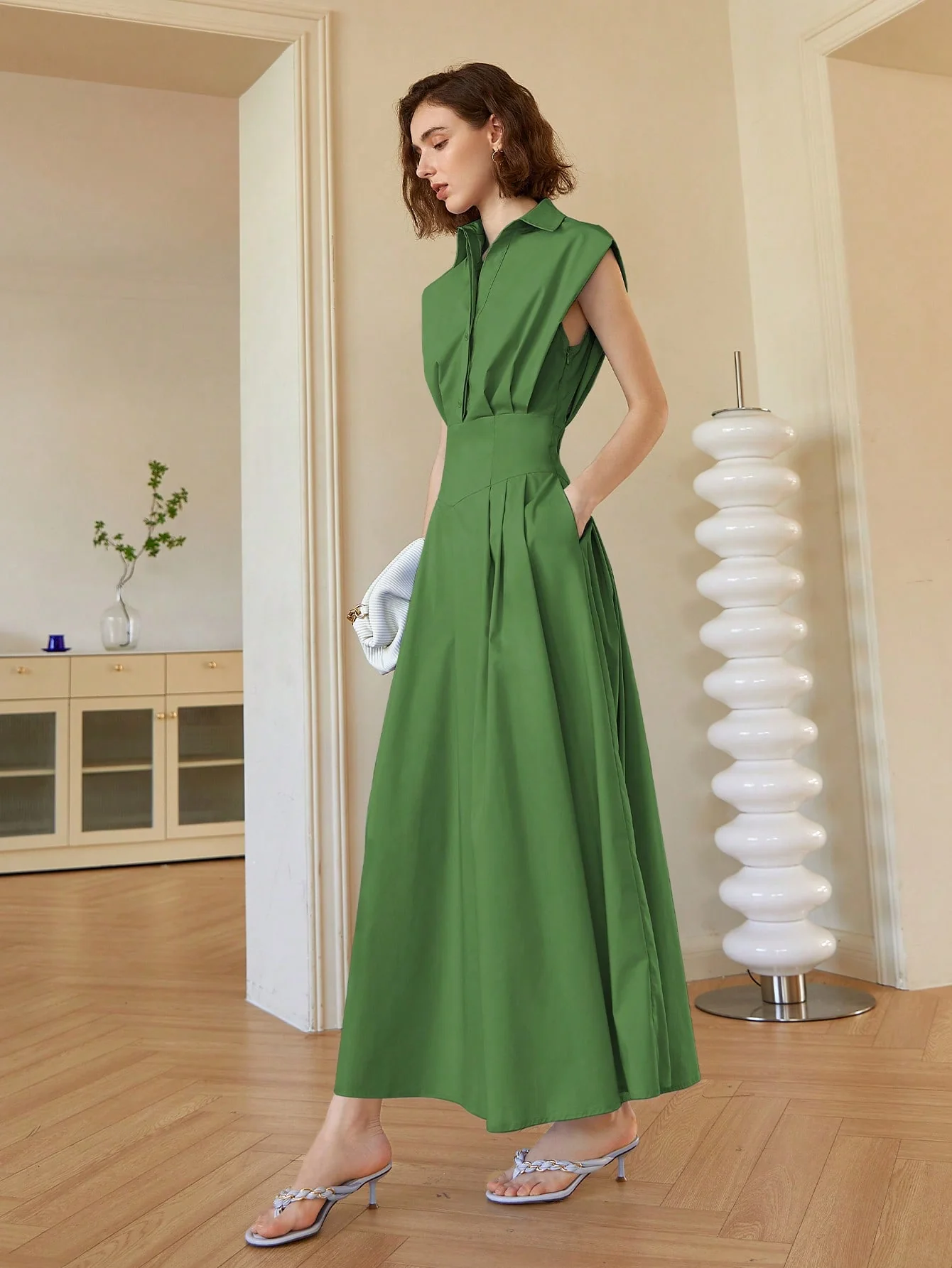 Green Front Button Shirt Style Sleeveless Dress - Image 4