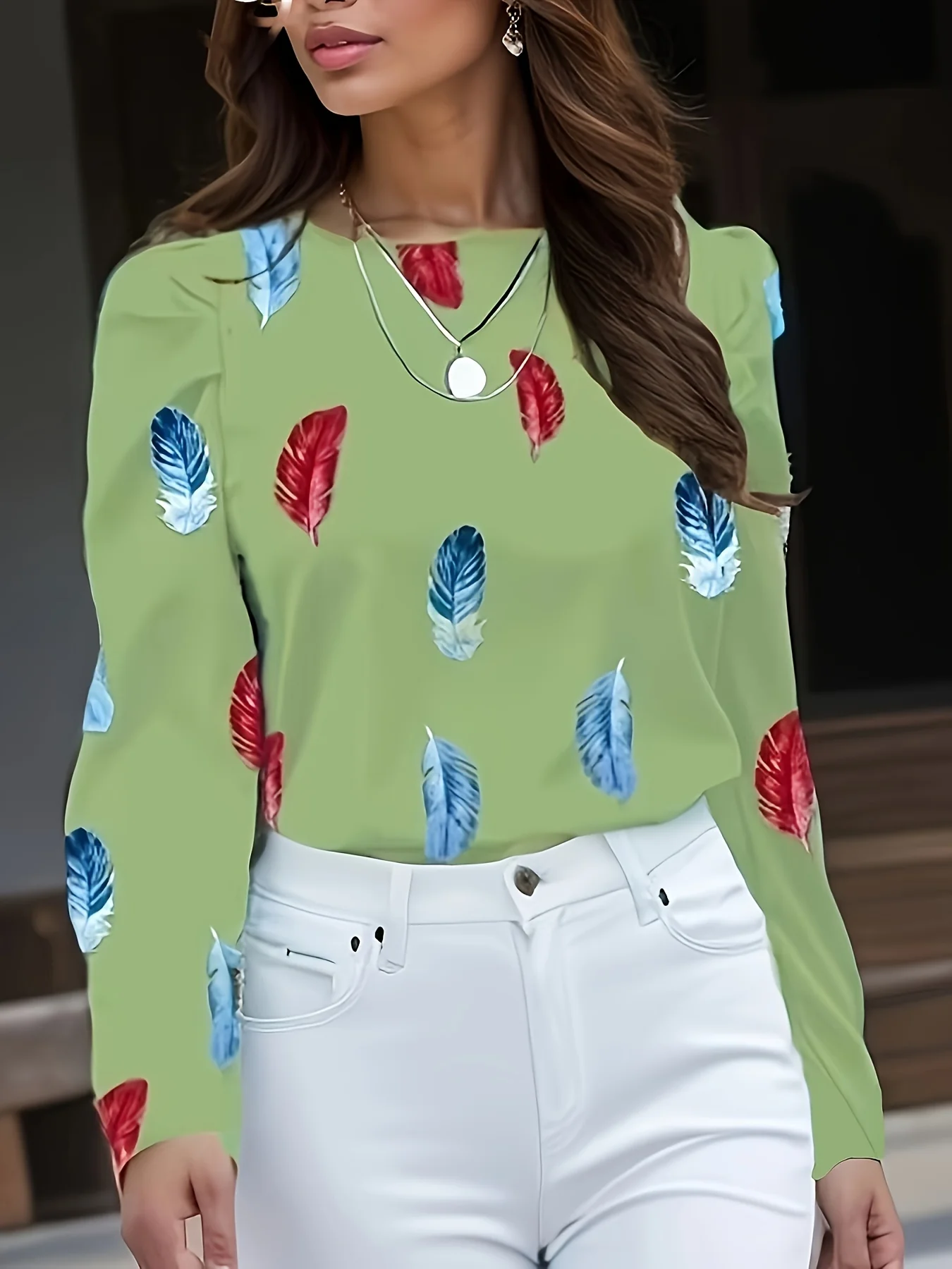 Green Full Printed Puff Sleeves Top - Image 4