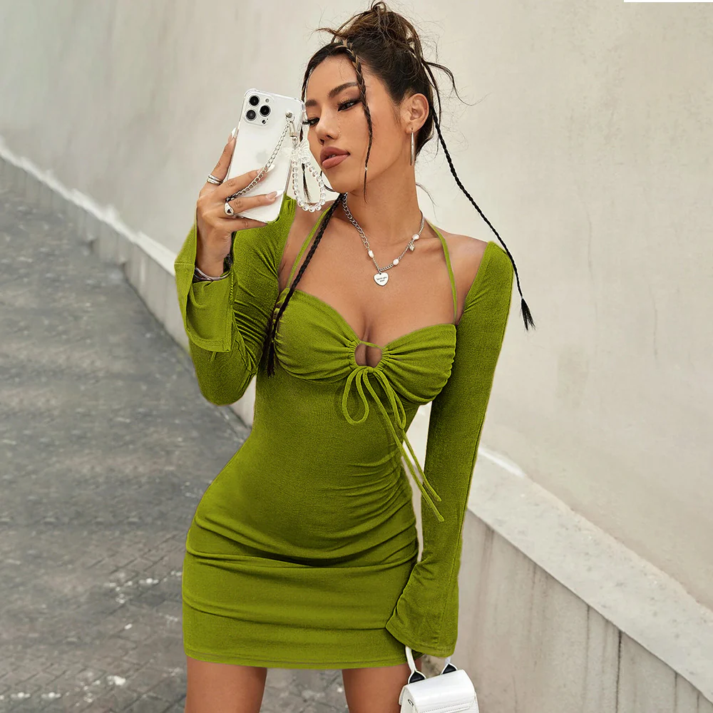 Green Full Sleeve Halter Neck Dress - Image 2