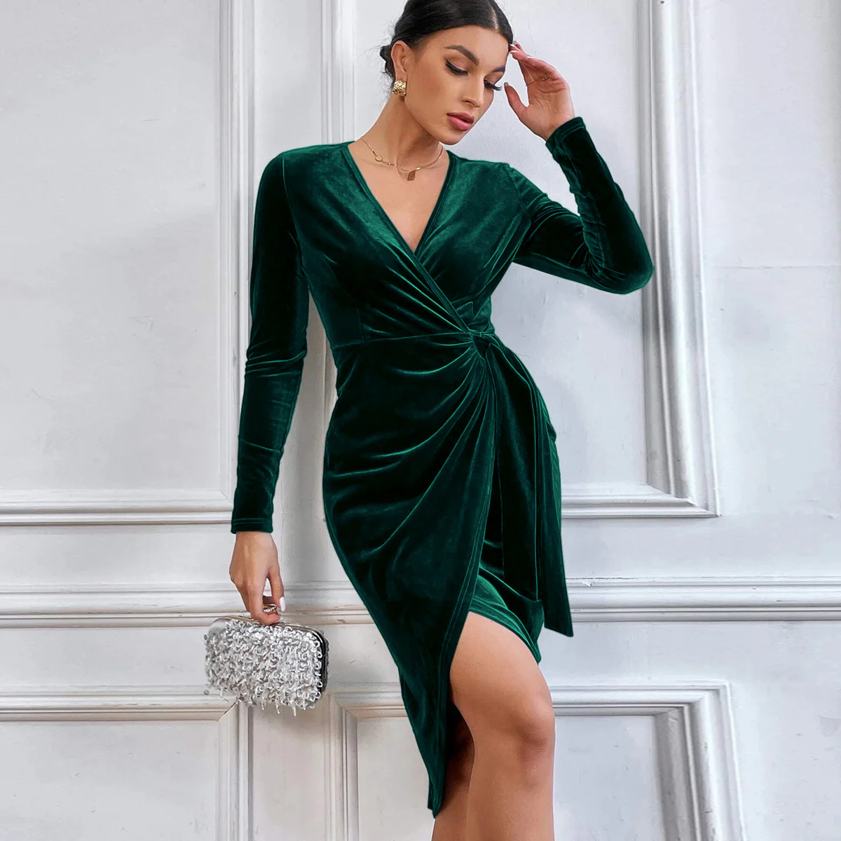 Green Full Sleeve Wrap Velour Dress - Image 2