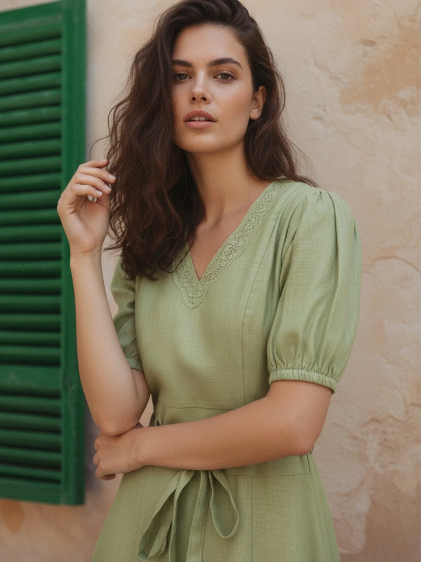 Green Lace-Trim Mini Dress With Puff Sleeves - Image 3
