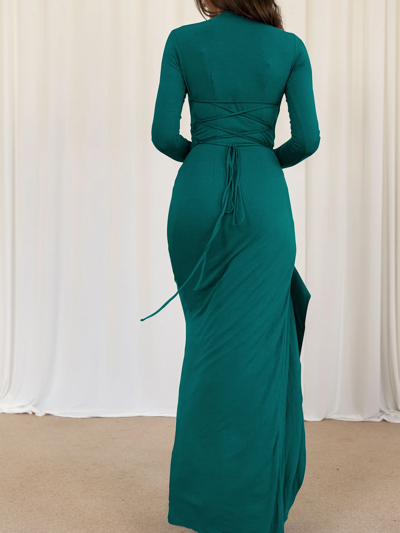 Green High Neck Side Ruched Dress - Image 2