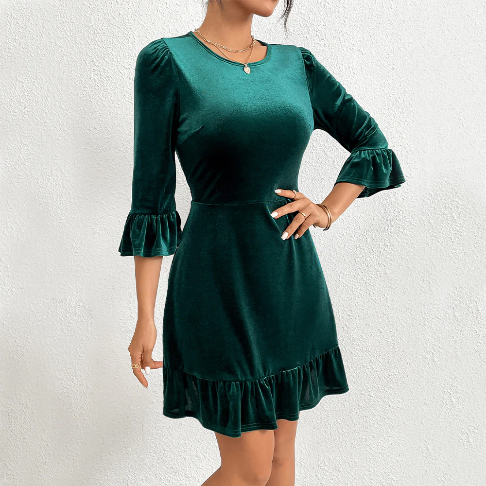 Green High Neck Velour Skater Dress
