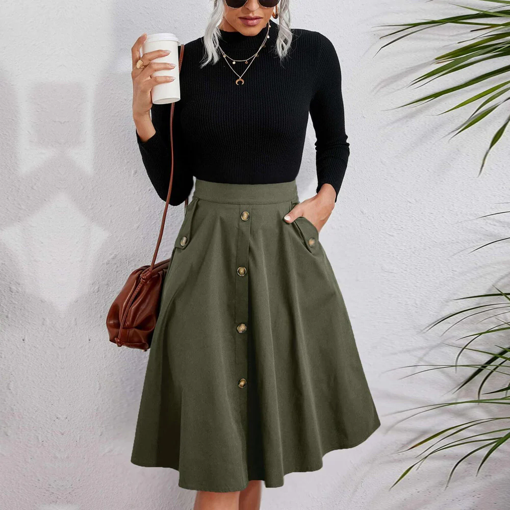 Green High Waist Front Buttoned Skirt - Image 3