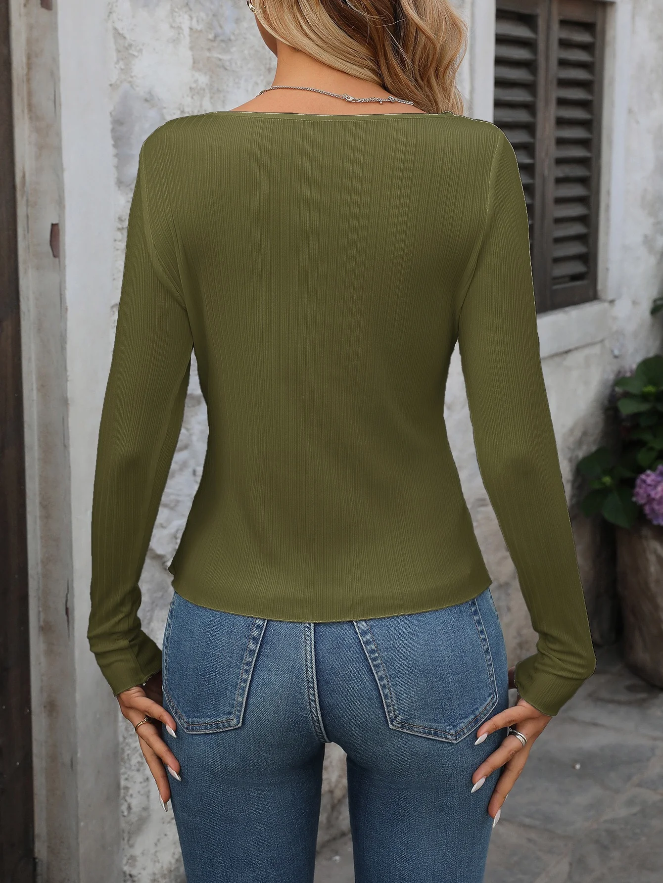 Green Neck Cutout Detail Top - Image 2
