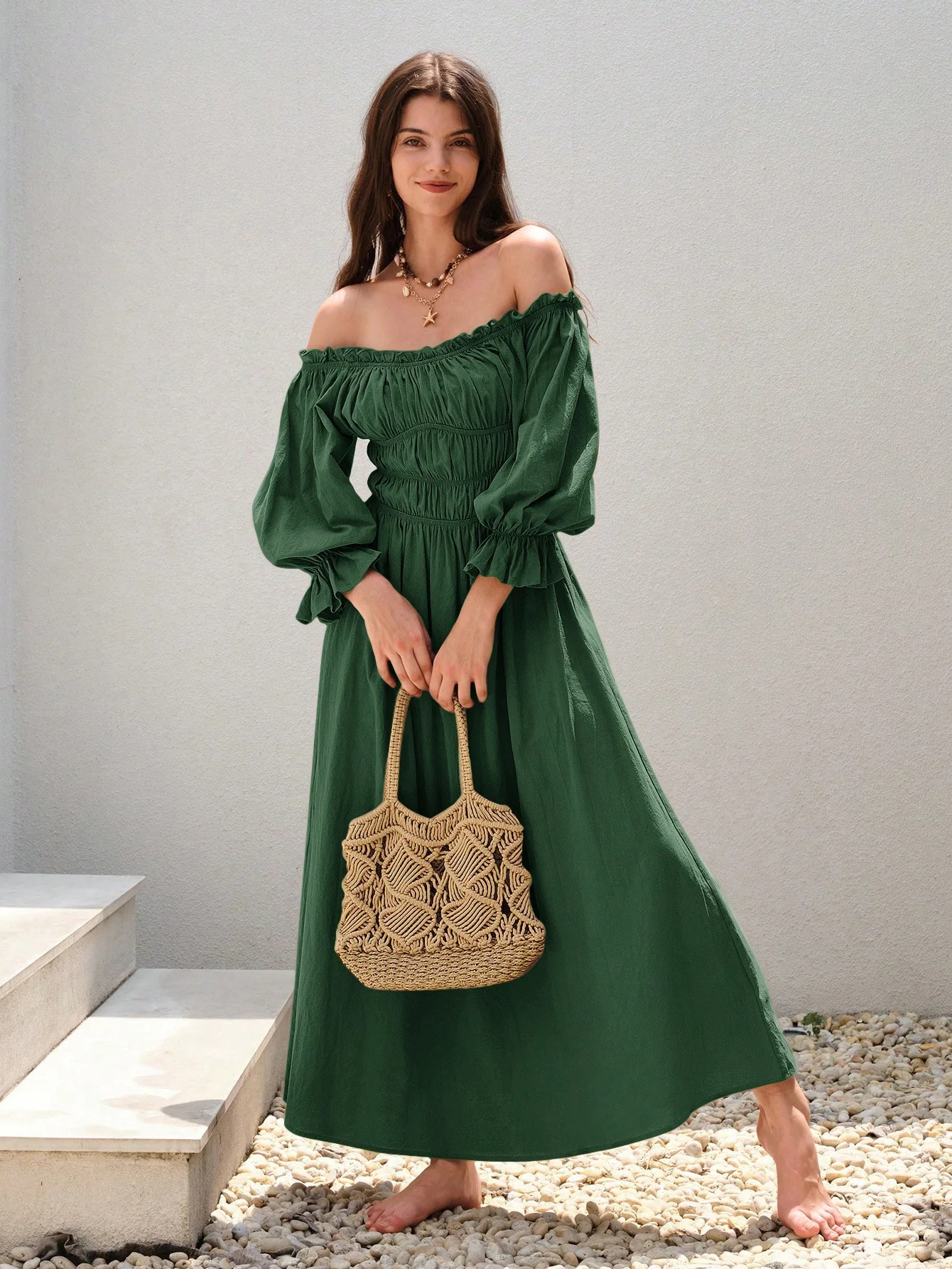 Green Off-Shoulder Flowy Dress - Image 4