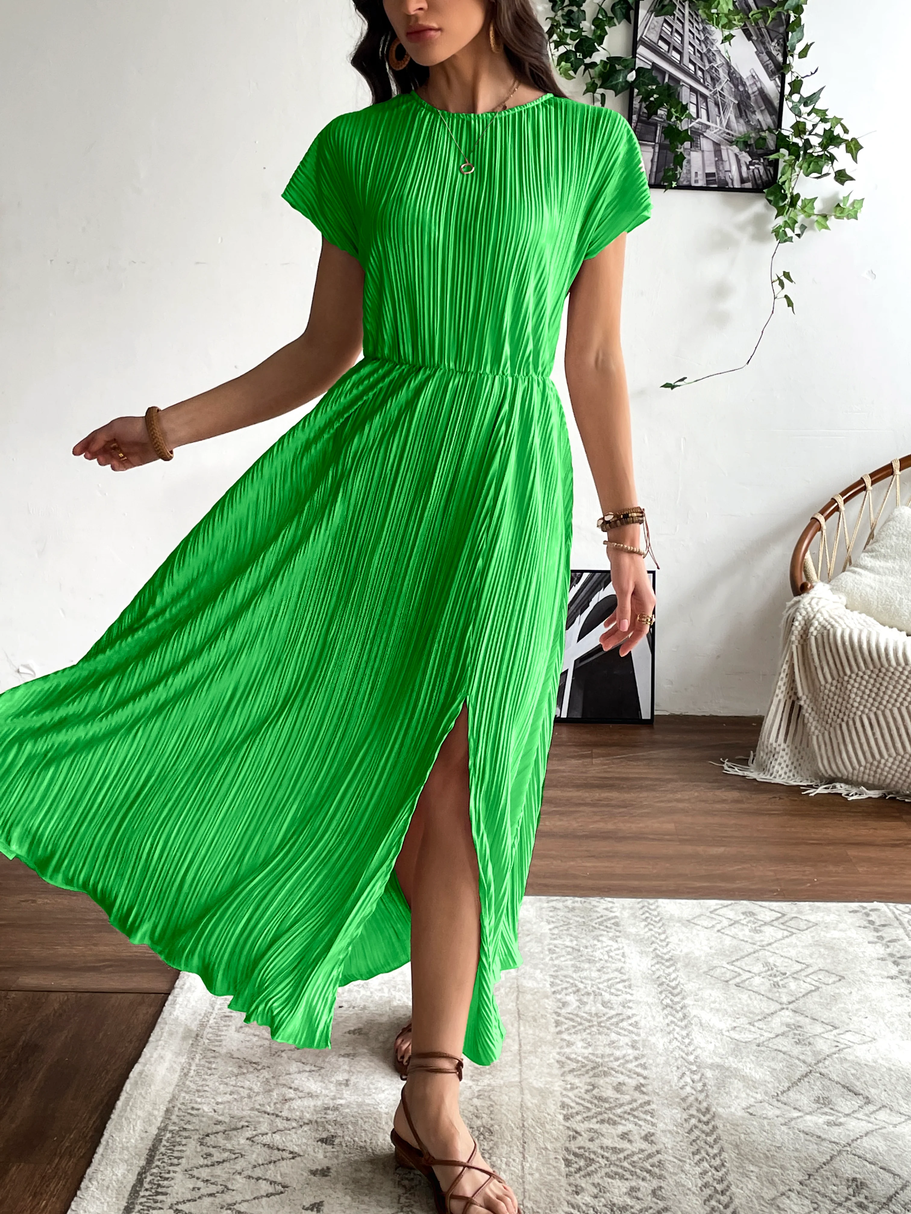Green Pleated Solid Slit Dress - Image 3