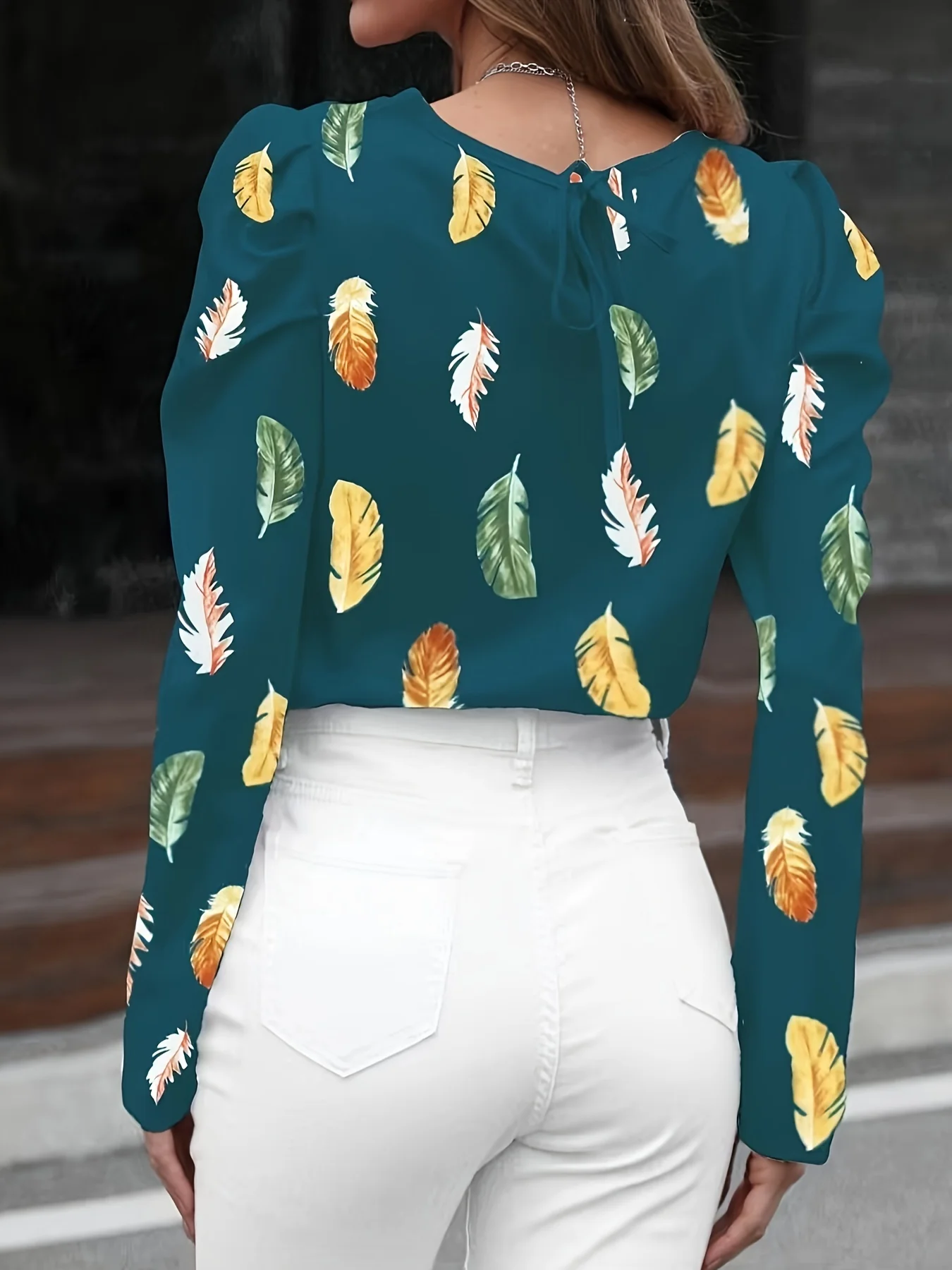 Green Printed Full Puff Sleeves Top - Image 2