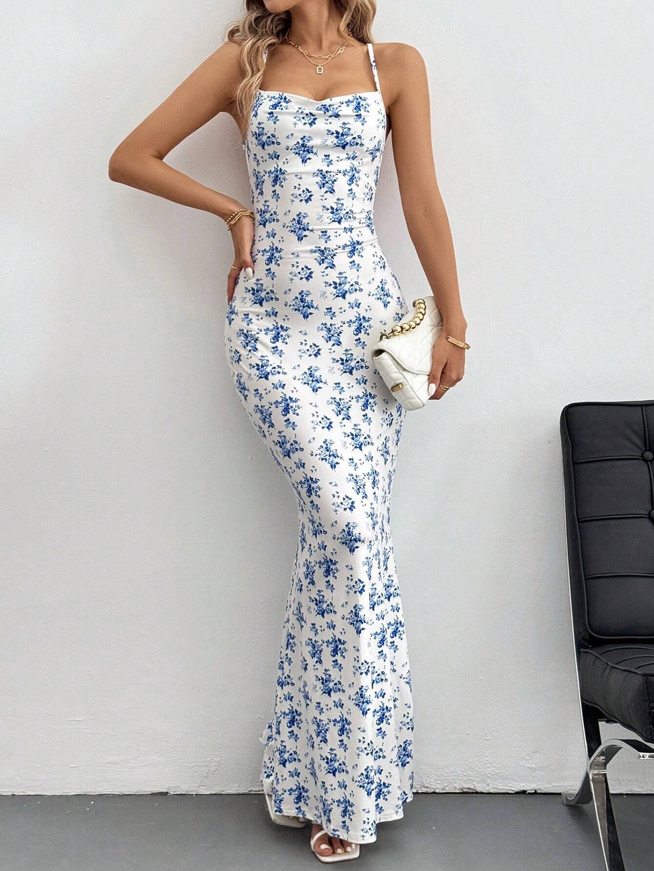 Green Printed Shoulder Strap Backless Dress - Image 6