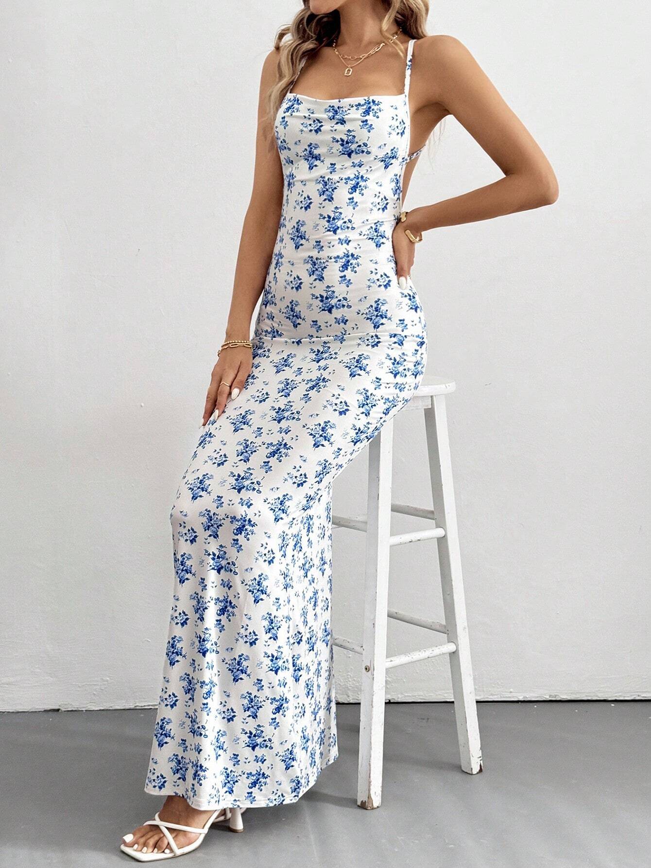 Green Printed Shoulder Strap Backless Dress - Image 7