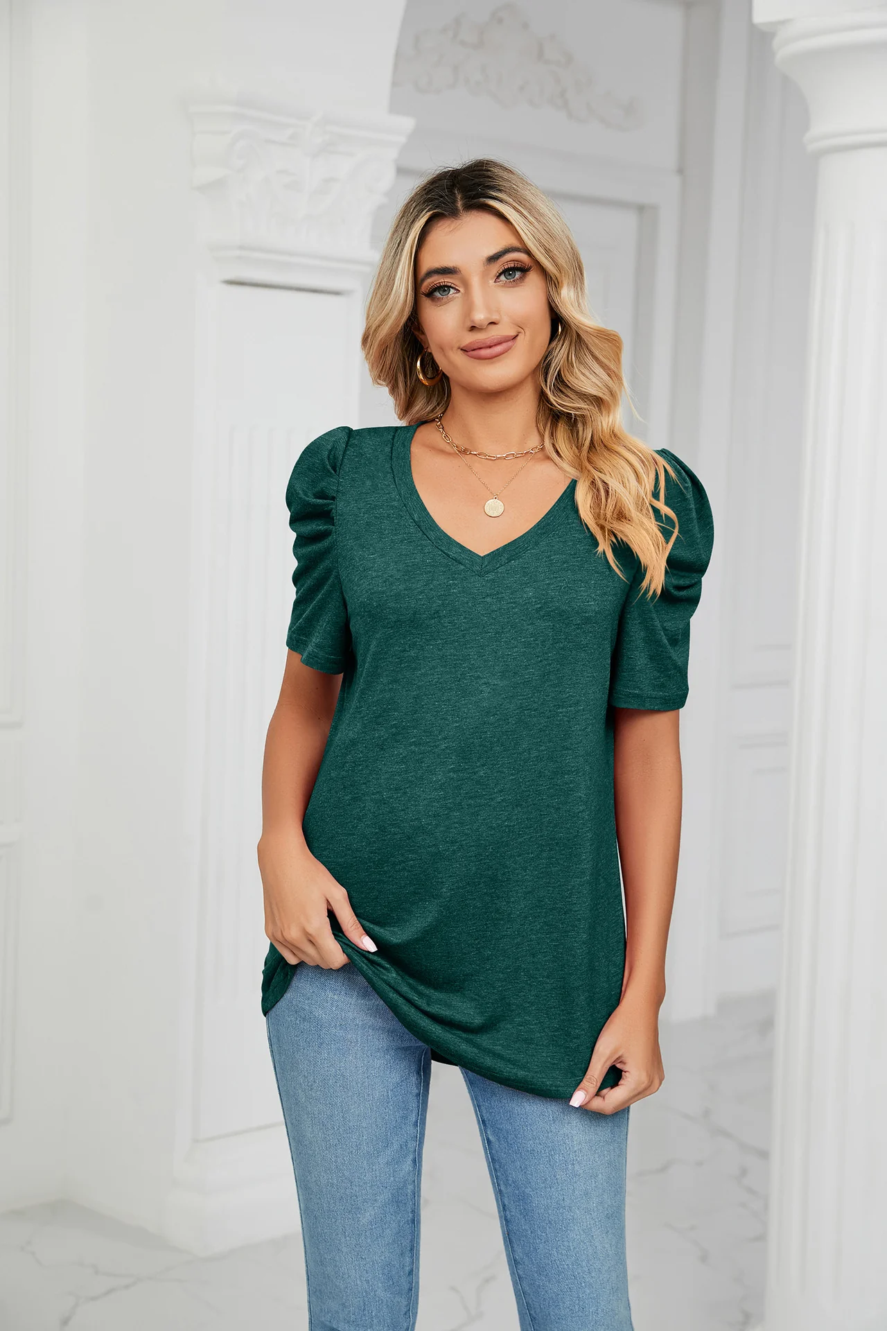 Green Puff Sleeves V Neck Top - Image 4