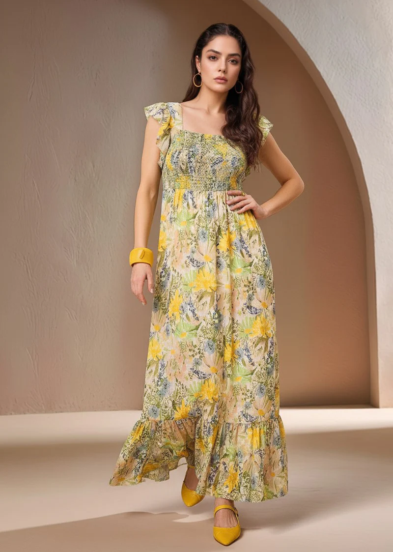 Green Ruffle Sleeve Square Neck Printed Dress