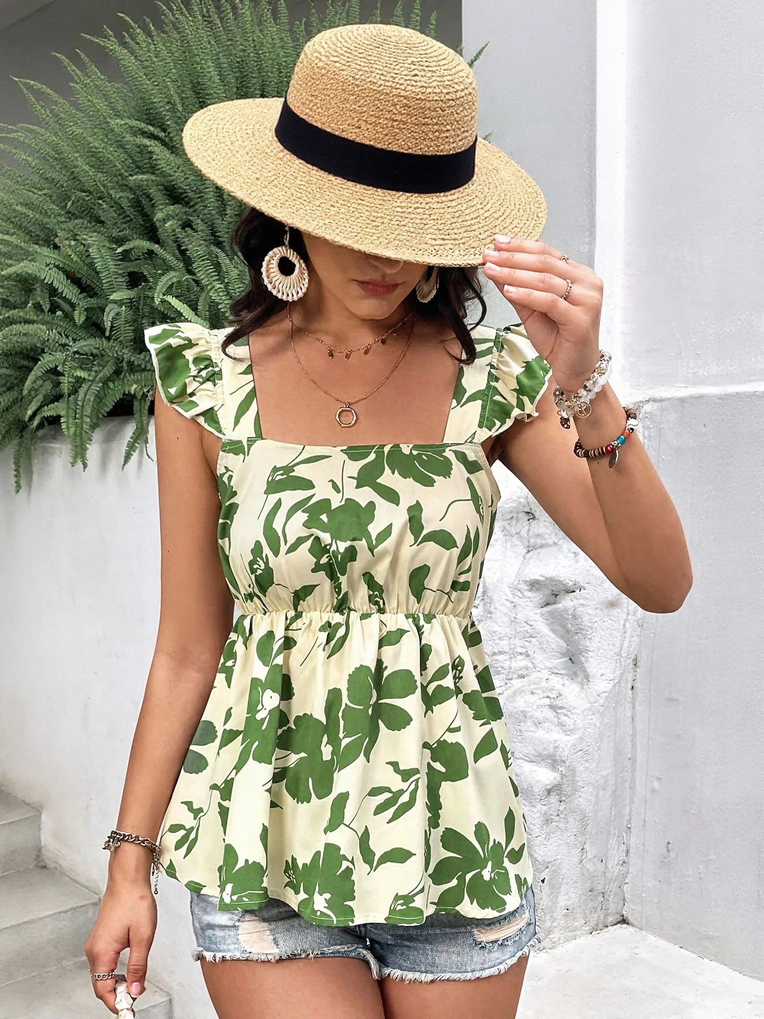Green Ruffle Sleeve Top With Smocking Detail - Image 2