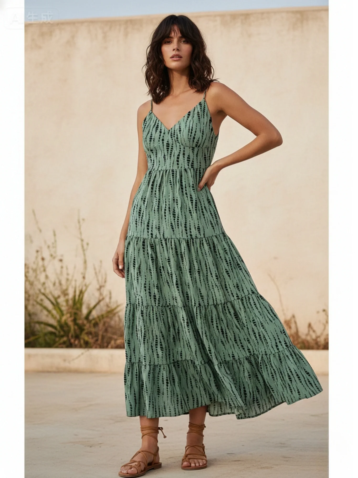 Green Shoulder Strap Back Bow Tiered Dress