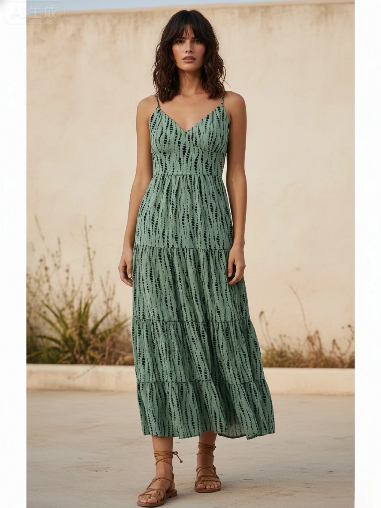Green Shoulder Strap Back Bow Tiered Dress - Image 2