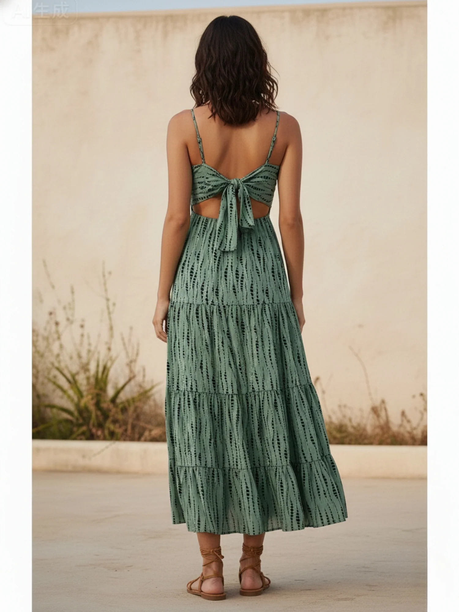 Green Shoulder Strap Back Bow Tiered Dress - Image 3