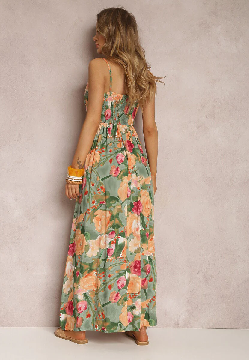 Green Shoulder Strap V Neck Printed Dress - Image 2
