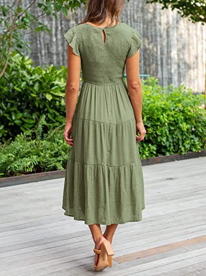 Green Solid Flutter Sleeved And Tiered Dress - Image 2