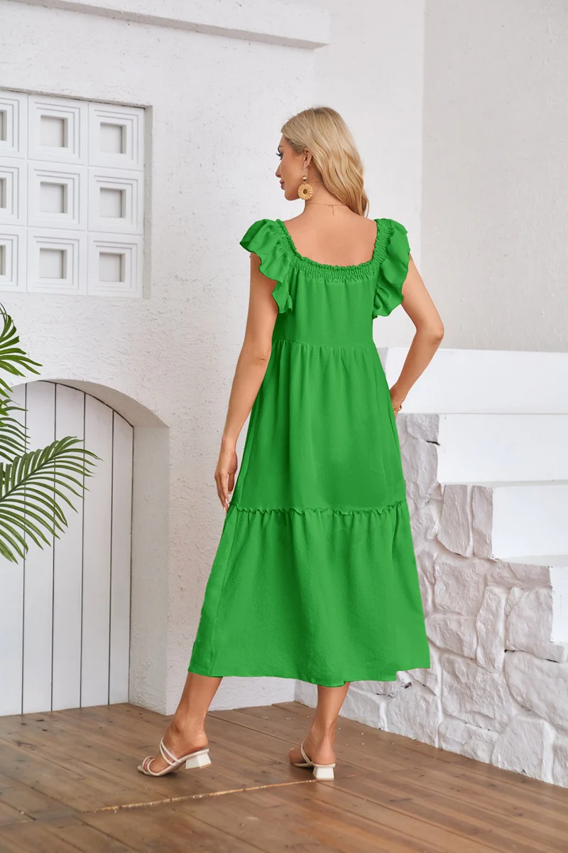 Green Solid Flutter Sleeved Empire Waist Smocked Dress - Image 2