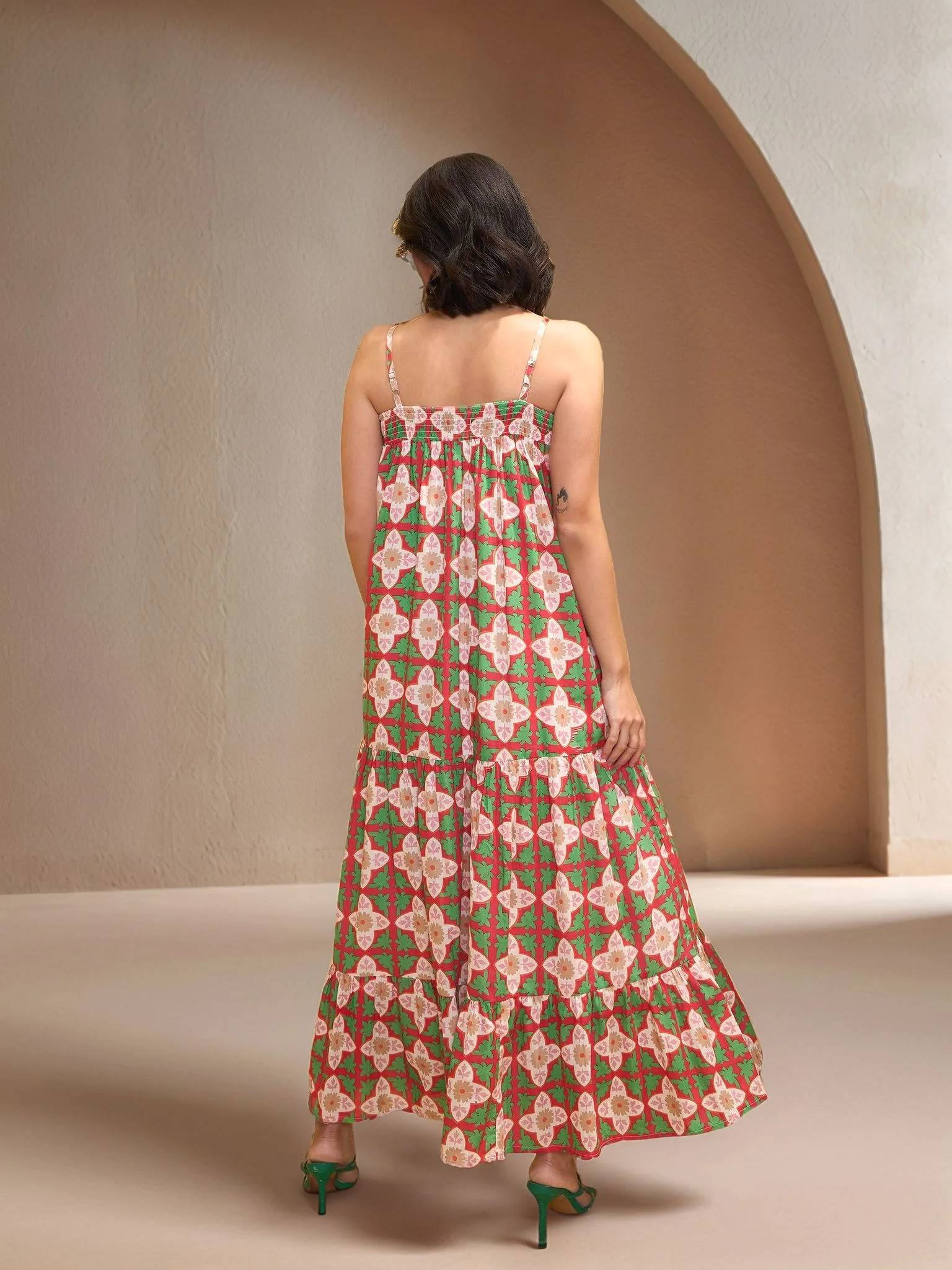 Green Spaghetti Strap Abstract Printed Dress - Image 2