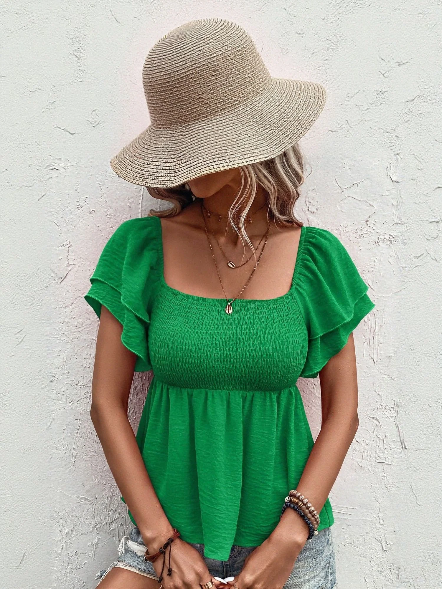 Green Sqaure Neck Flared Sleeve Top - Image 3