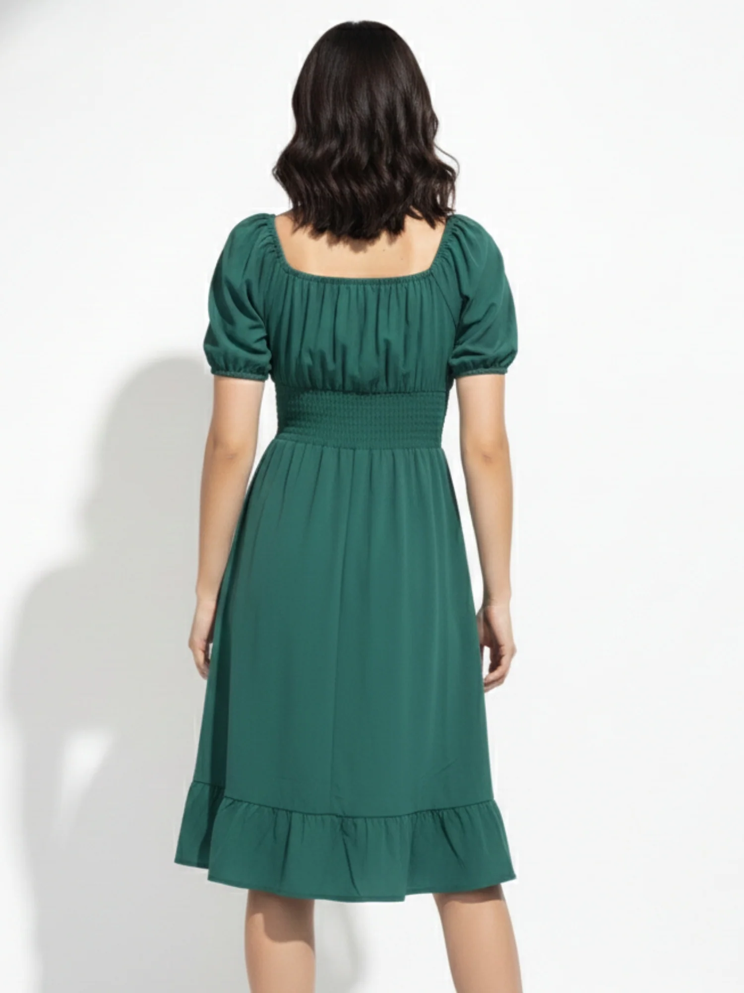 Green Square Neck Cinched Waist Dress - Image 4