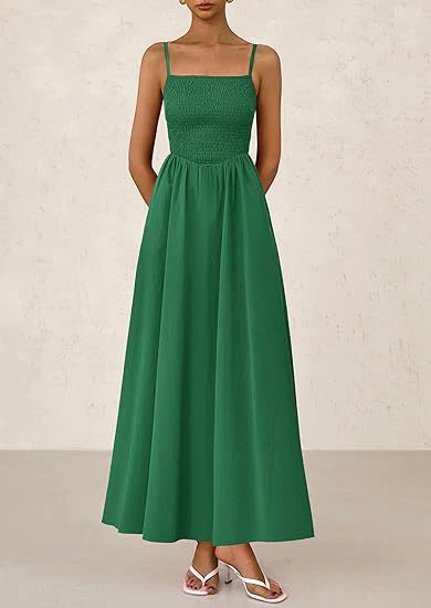 Green Strappy Square Neck Cinched Waist Dress With Pockets - Image 3