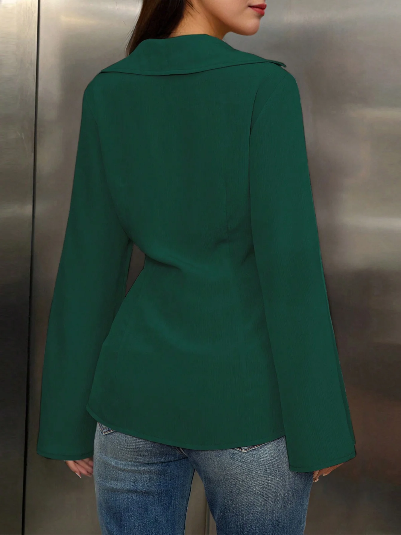 Green V-Neck Long Sleeve Shirt - Image 2