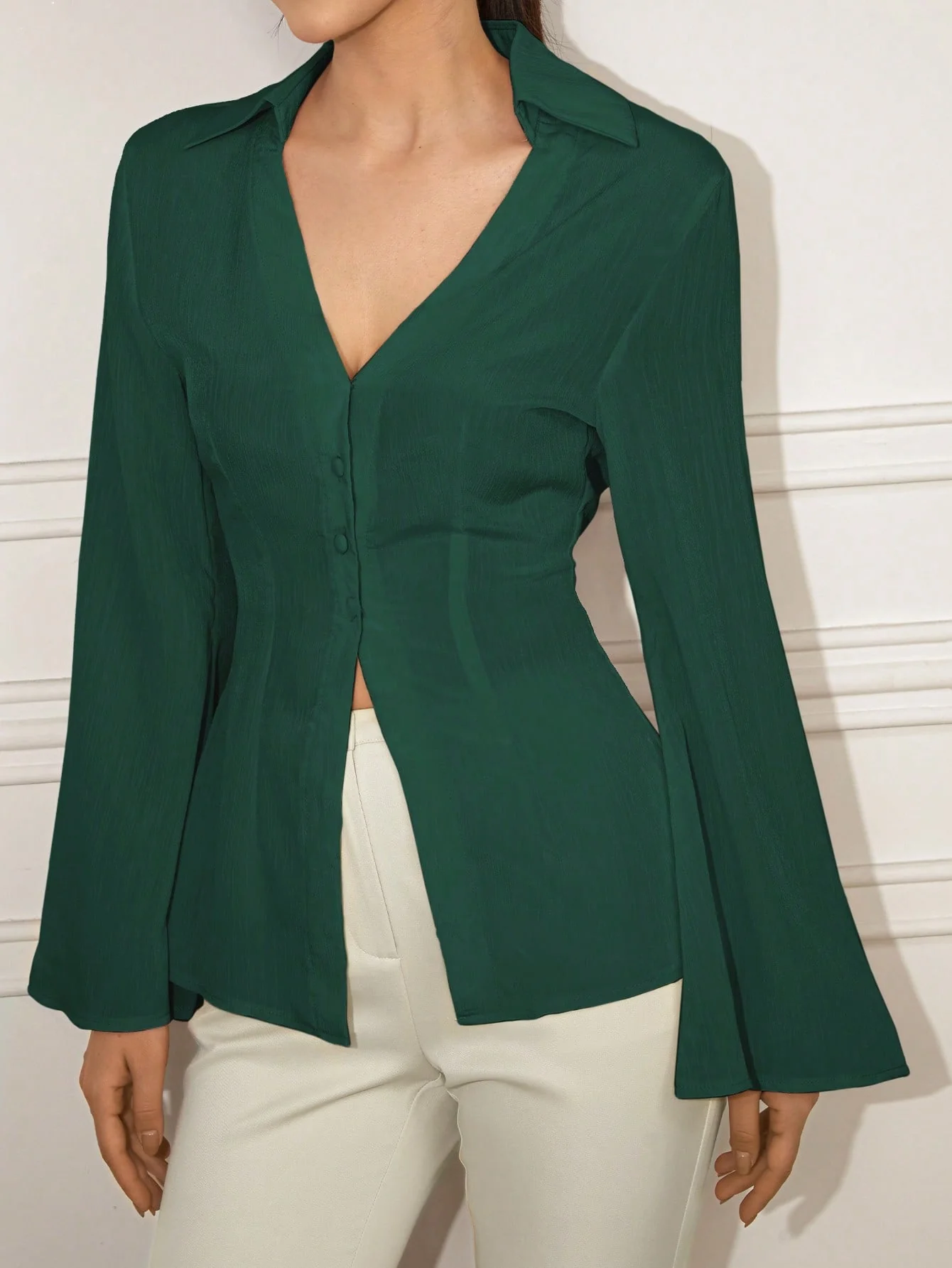 Green V-Neck Long Sleeve Shirt - Image 4