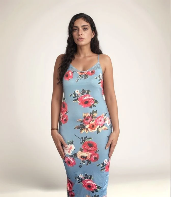 Blue Floral Printed Bodycon Dress - Image 3