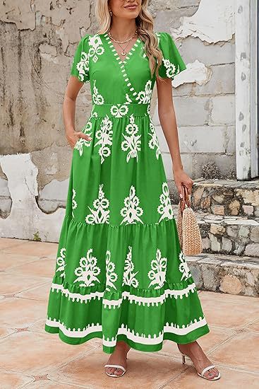 Green Wrap Neck Contrast Coloured Printed Dress - Image 3