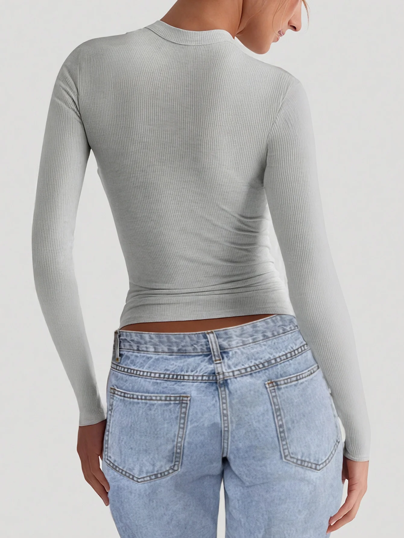 Grey Basic Full Sleeves Solid Square Neck Top - Image 2